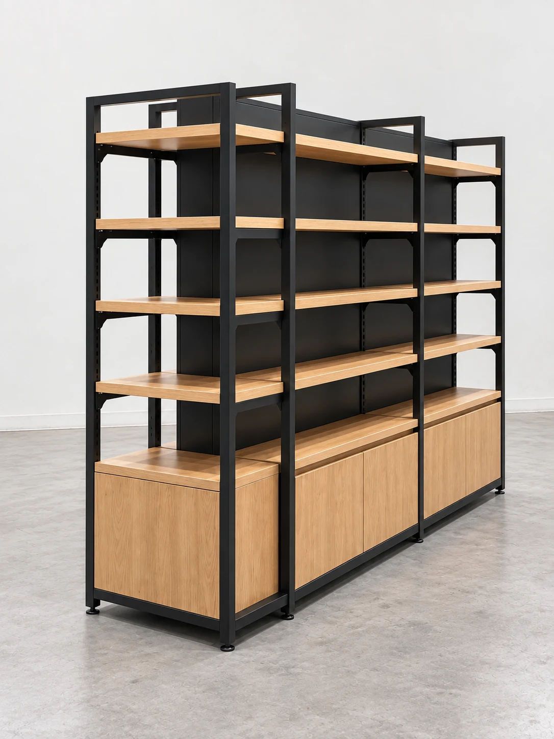 Black metal framed retail display unit with timber shelves and base cabinets