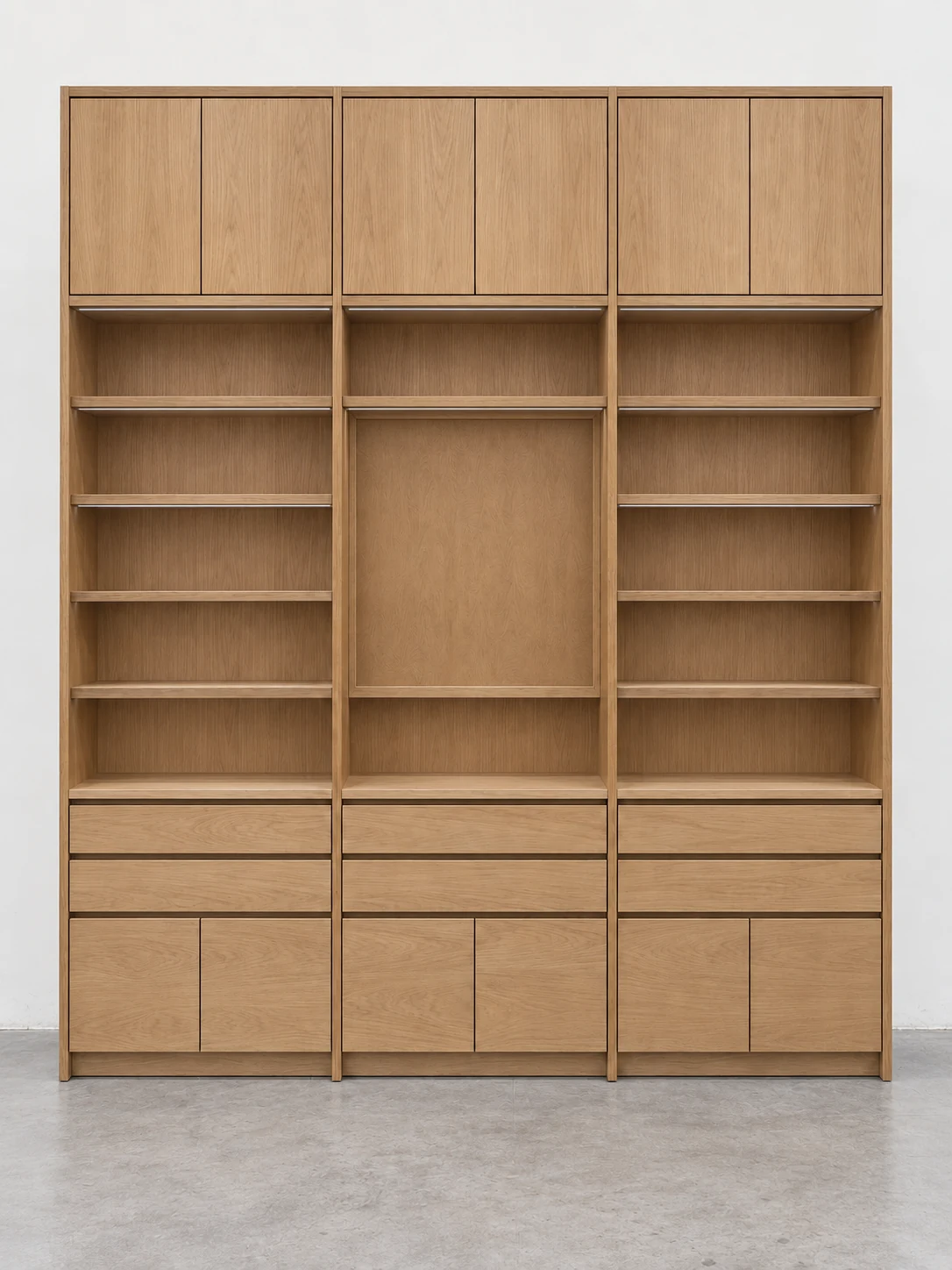 Oak display cabinet with open shelves, drawers and enclosed storage