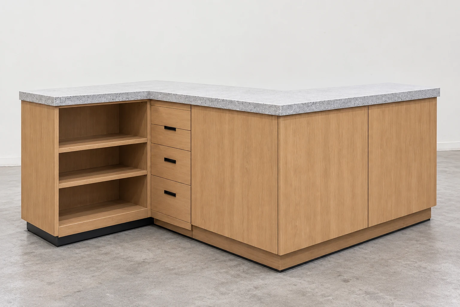 L-shaped oak service counter with a pale stone-look top and integrated storage