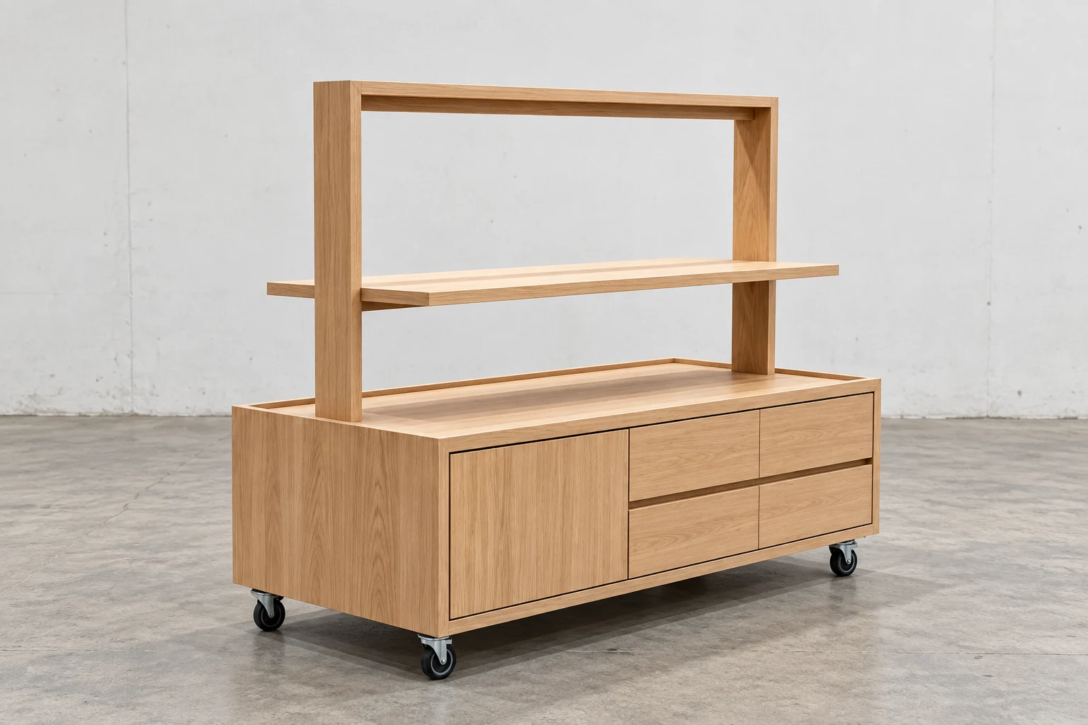 Natural oak mobile display counter with shelving, drawers and enclosed storage
