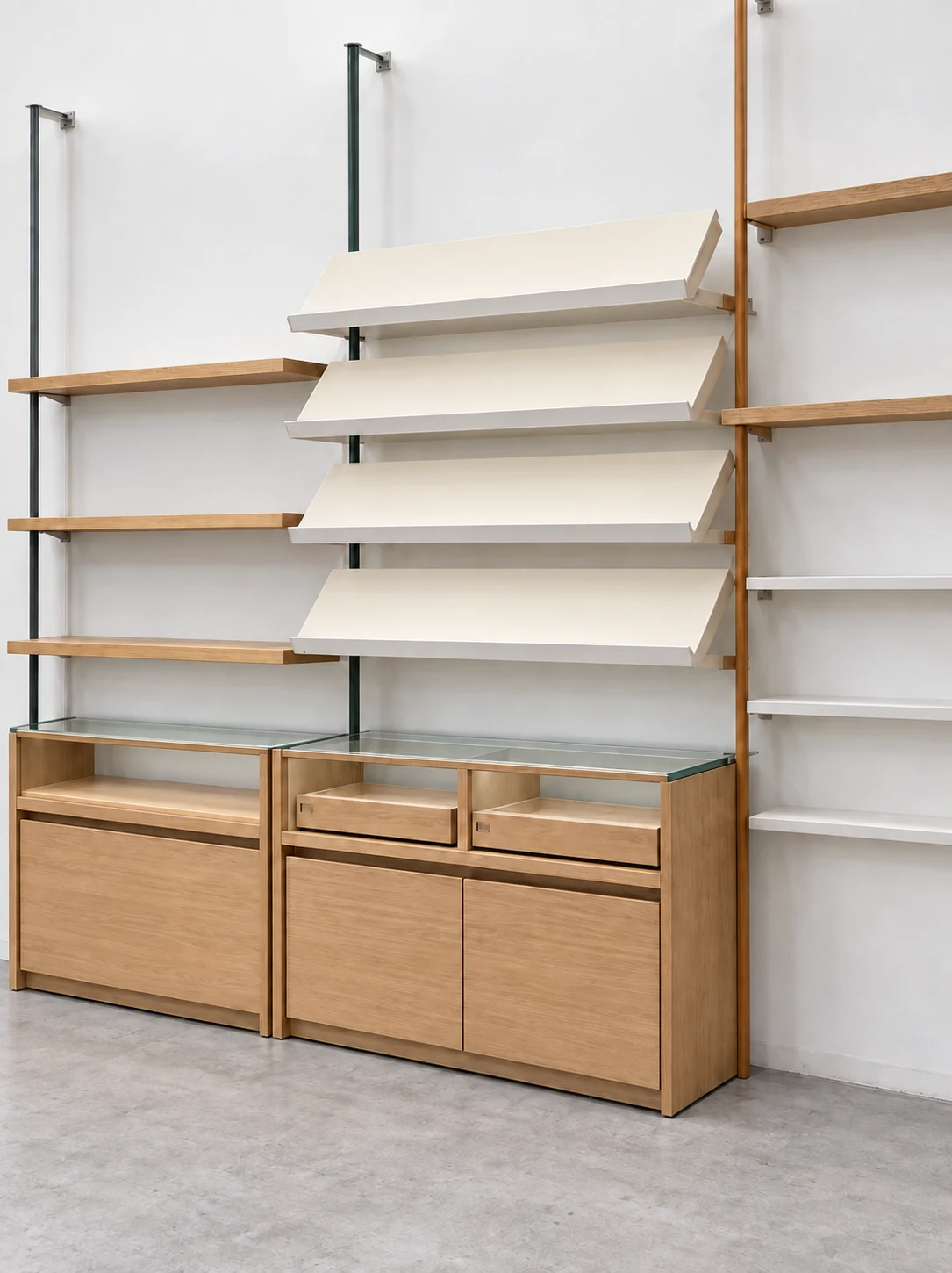 Timber retail display with angled white shelves and lower storage cabinets