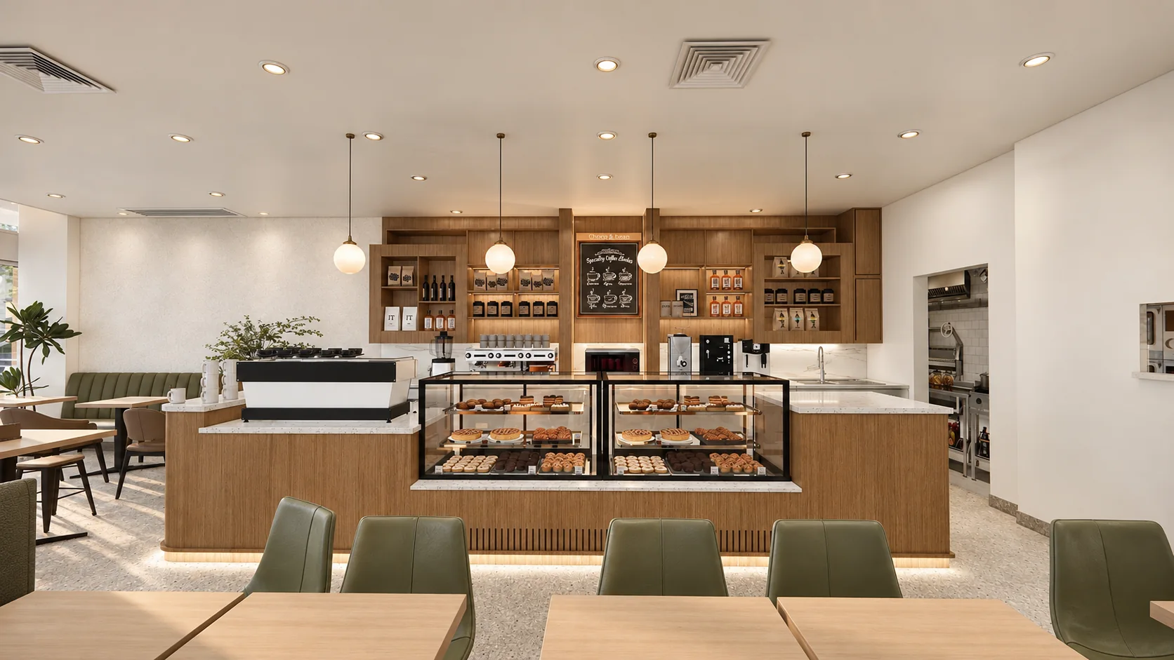 Café counter, timber display shelving and olive-green seating