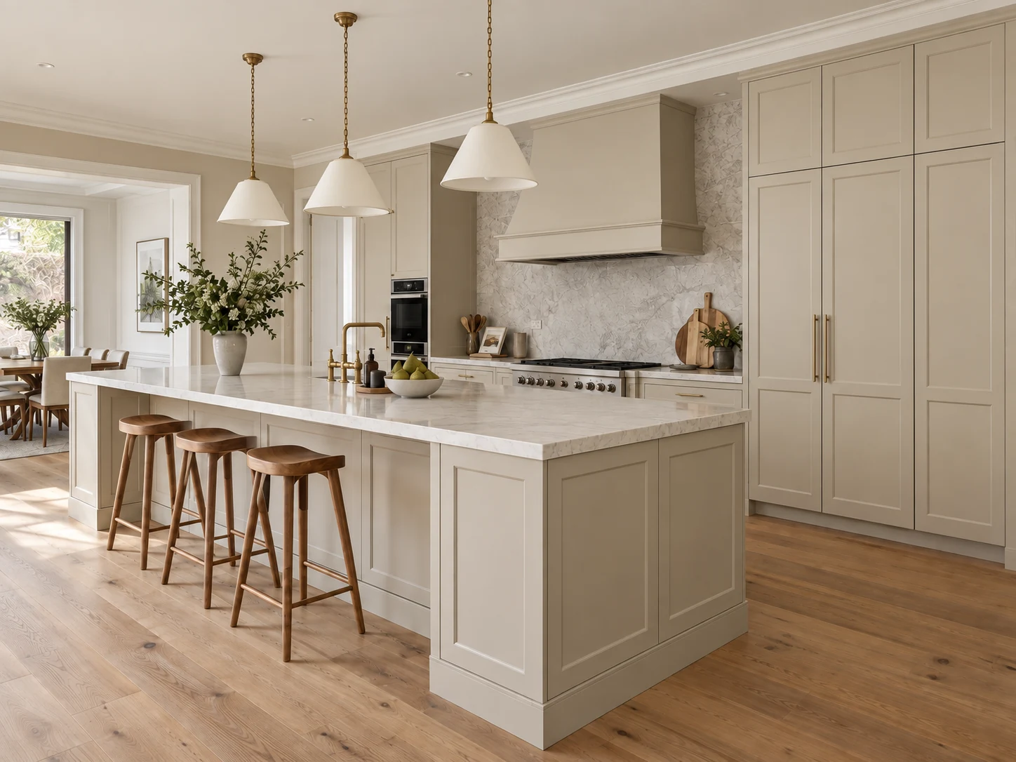 Classic cream shaker kitchen with a panelled island and brass details