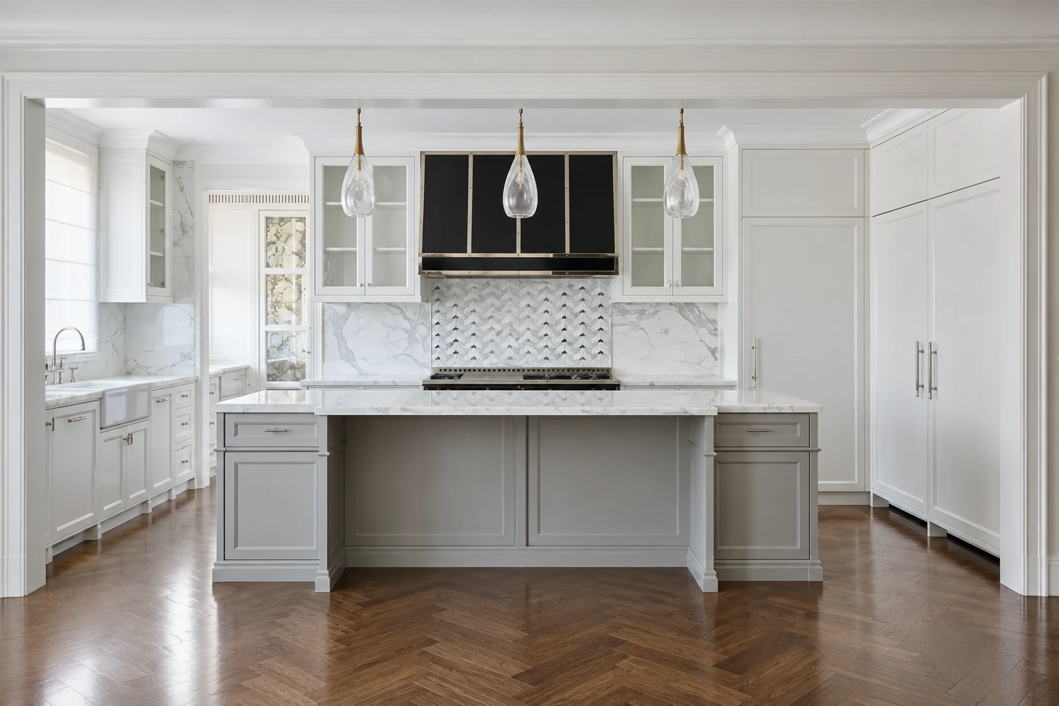 Classic white and grey shaker kitchen with glazed cupboards and glass pendants