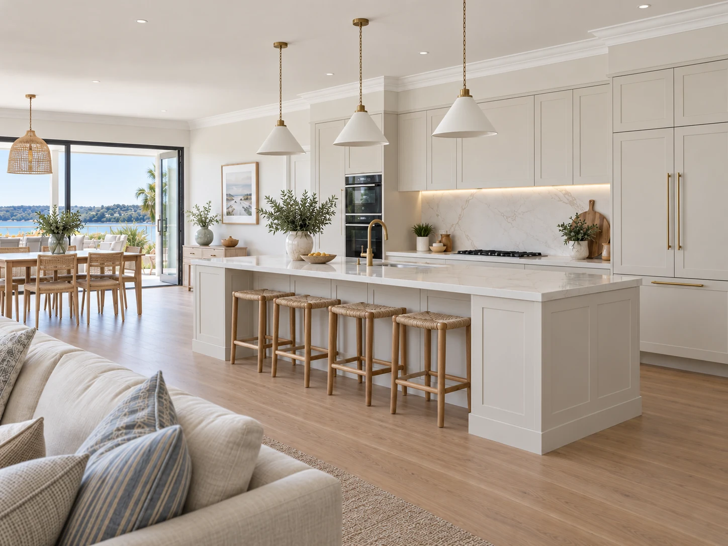 Coastal white shaker kitchen with woven stools and brass handles