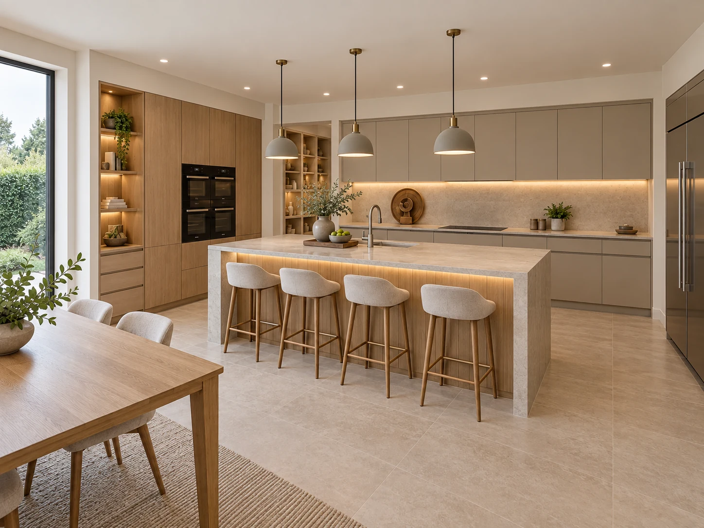 Oak and warm greige kitchen with a fluted oak island and dome pendants