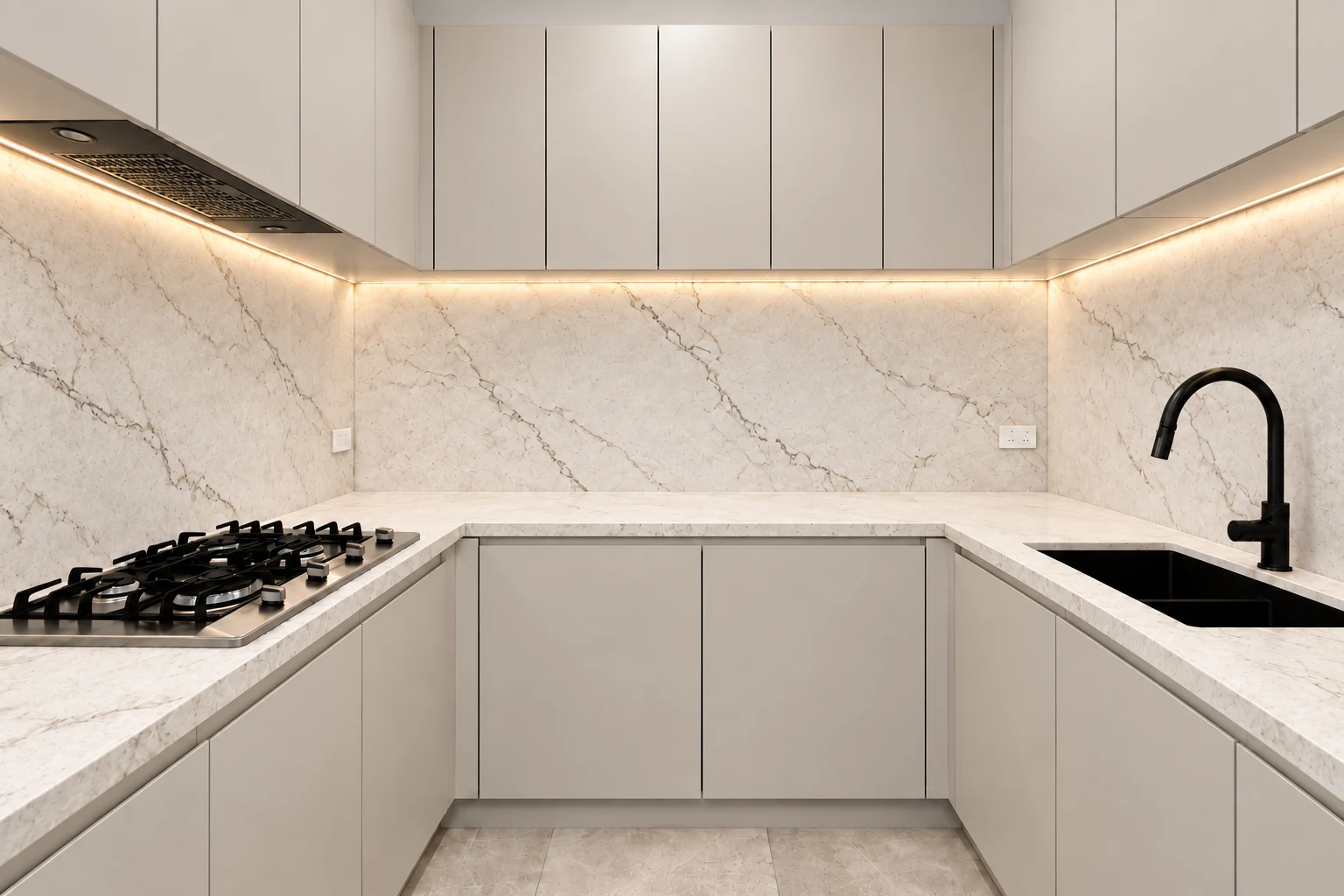 Compact ivory U-shaped kitchen with stone splashbacks and under-cabinet lighting