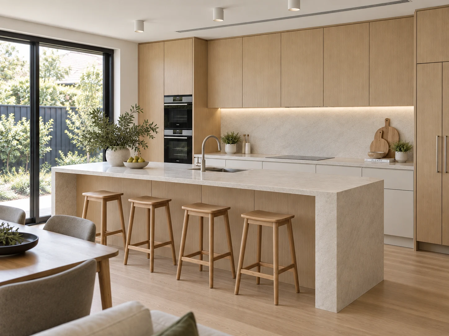 Natural oak and ivory kitchen with a pale stone waterfall island