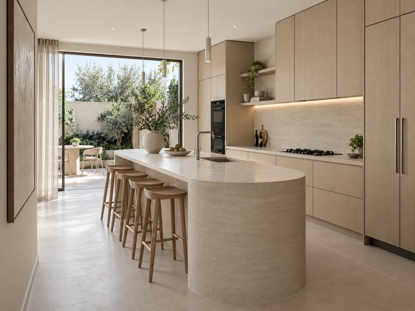 Natural oak kitchen with a rounded pale stone island