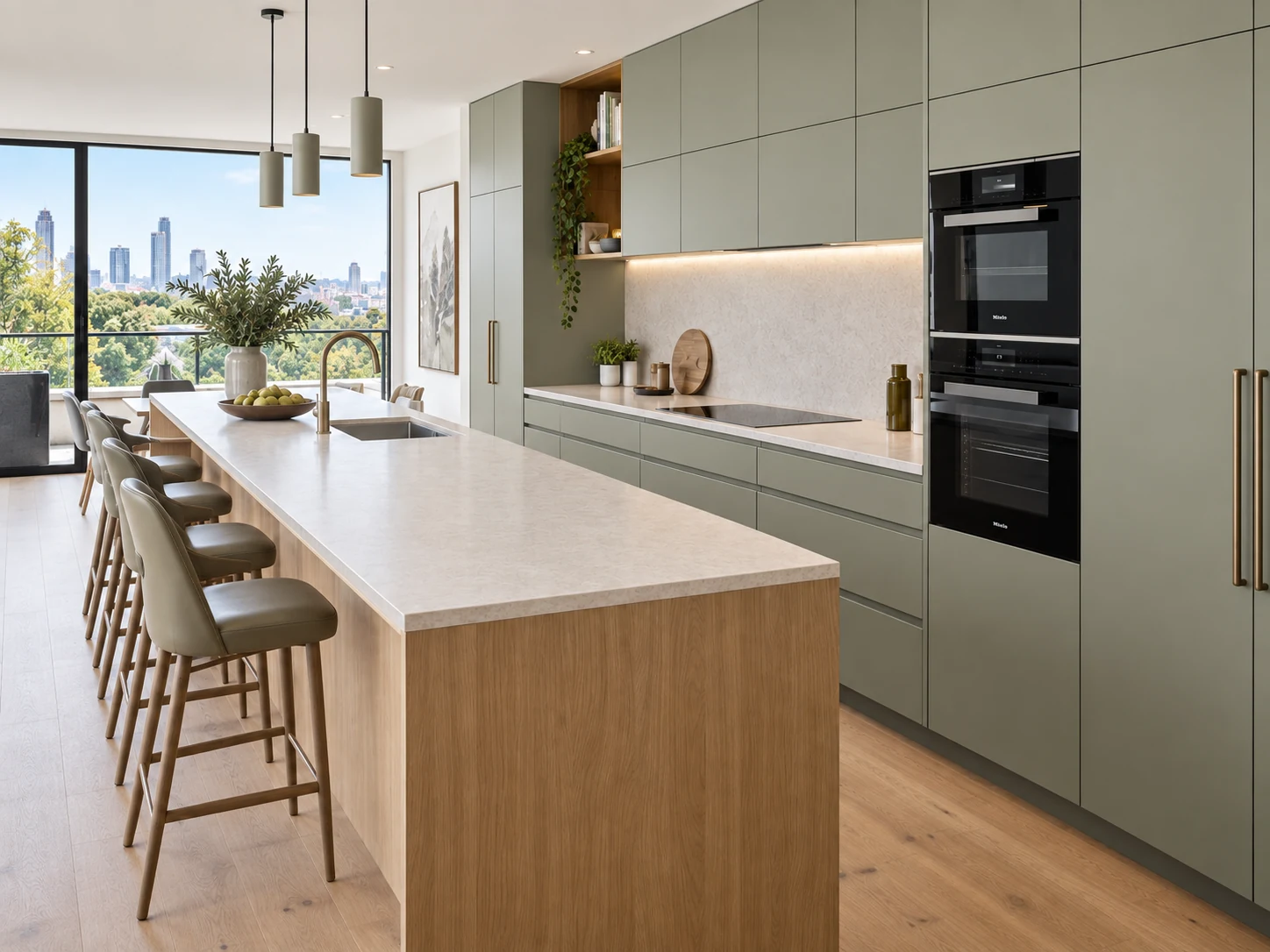 Sage green cabinetry with an oak island and upholstered green stools