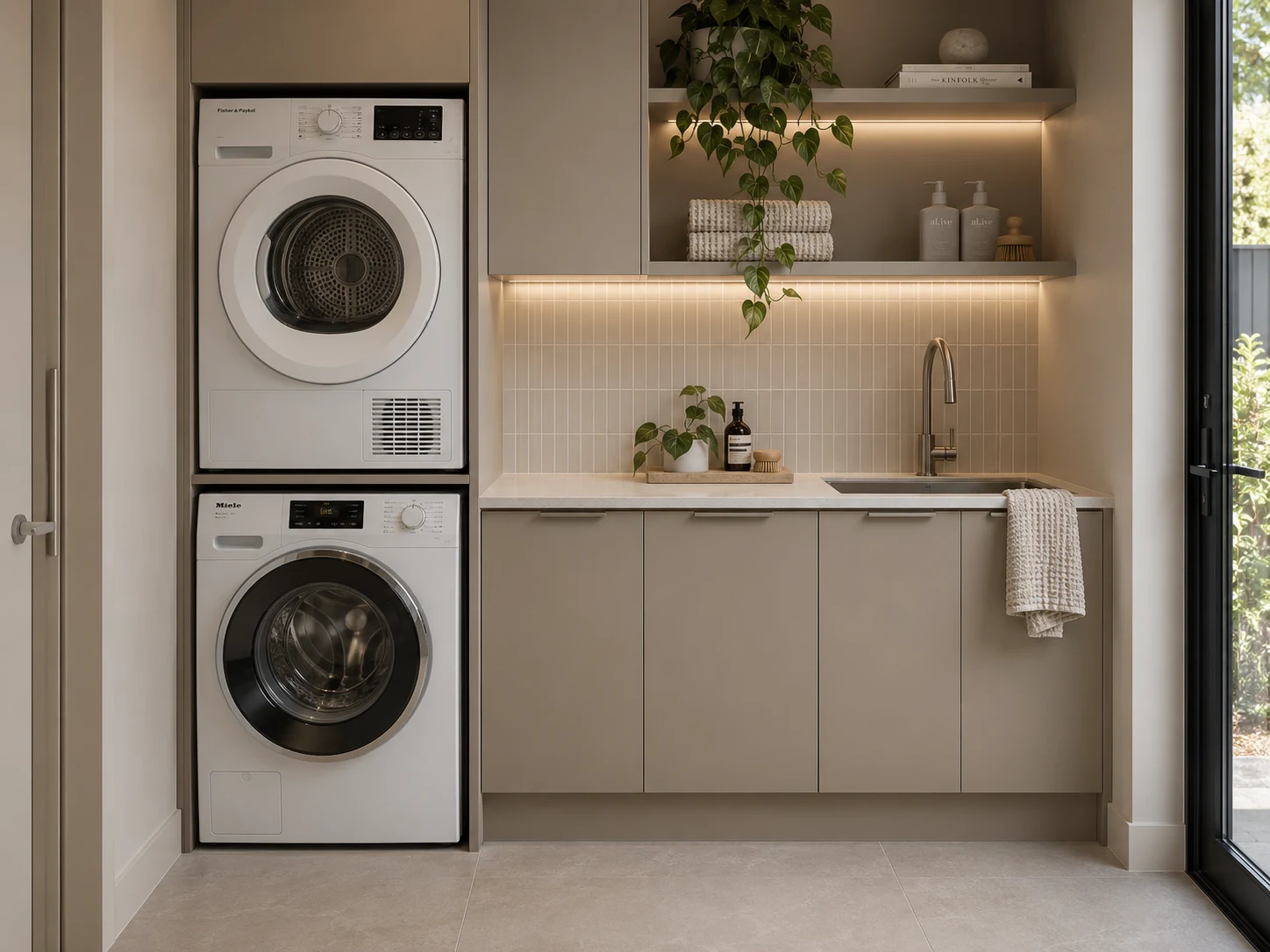 Greige laundry cabinetry with a stacked washer and dryer and illuminated open shelves