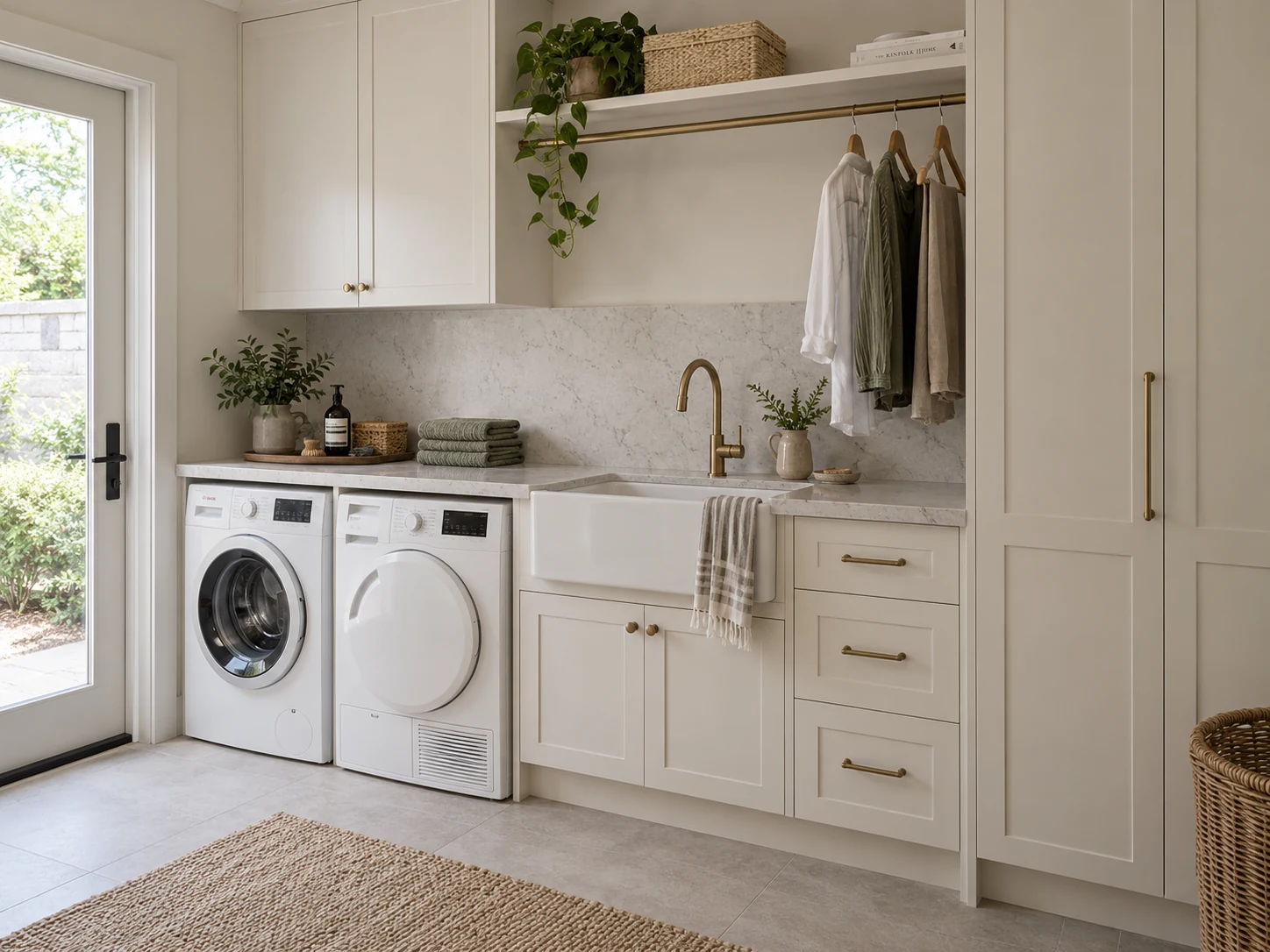 Ivory shaker laundry with a side-by-side washer and dryer, apron sink and brass details