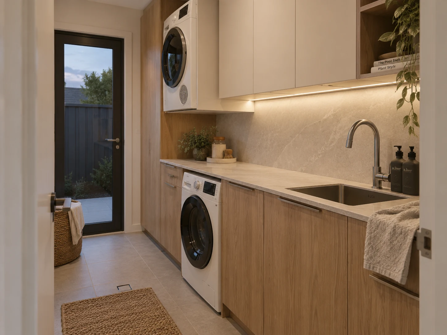 Oak and ivory galley laundry with a washing machine and wall-mounted dryer