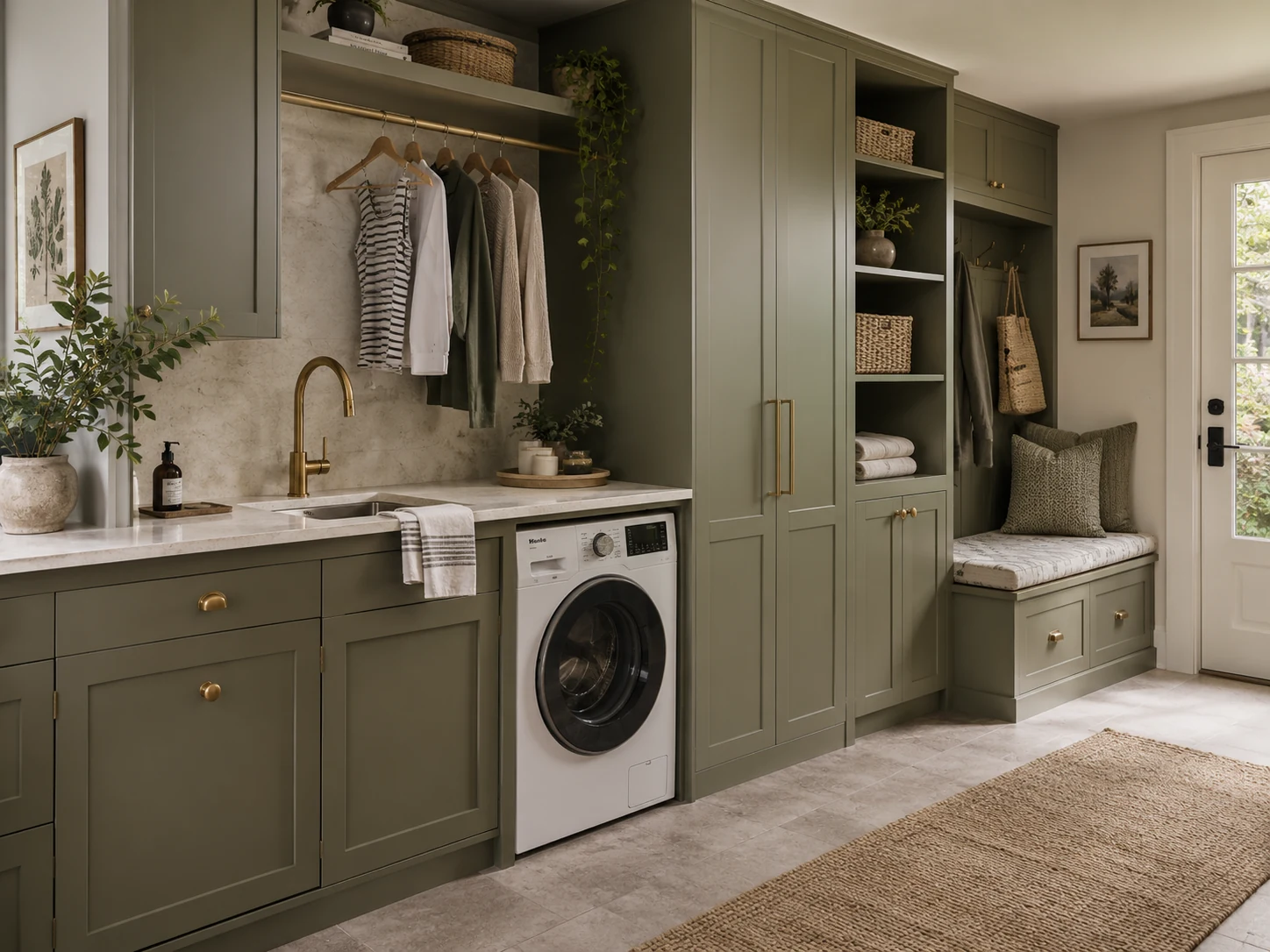 Sage shaker laundry cabinetry with a hanging rail, tall storage and a built-in bench