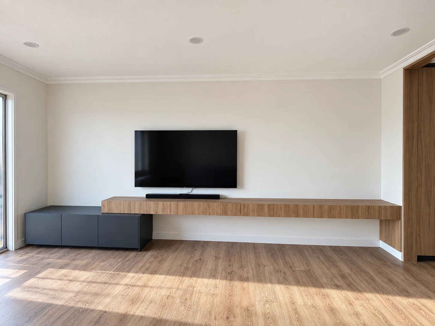 Floating timber TV unit with dark lower storage in a sunlit living room