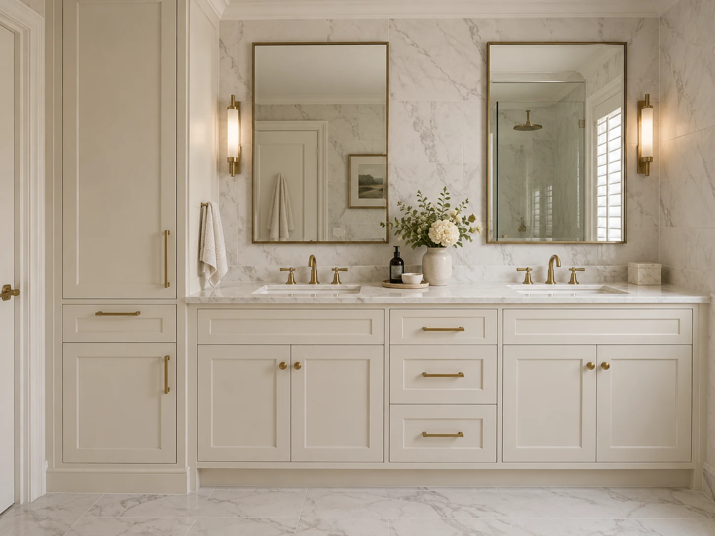 Classic ivory double vanity with shaker doors and brass handles