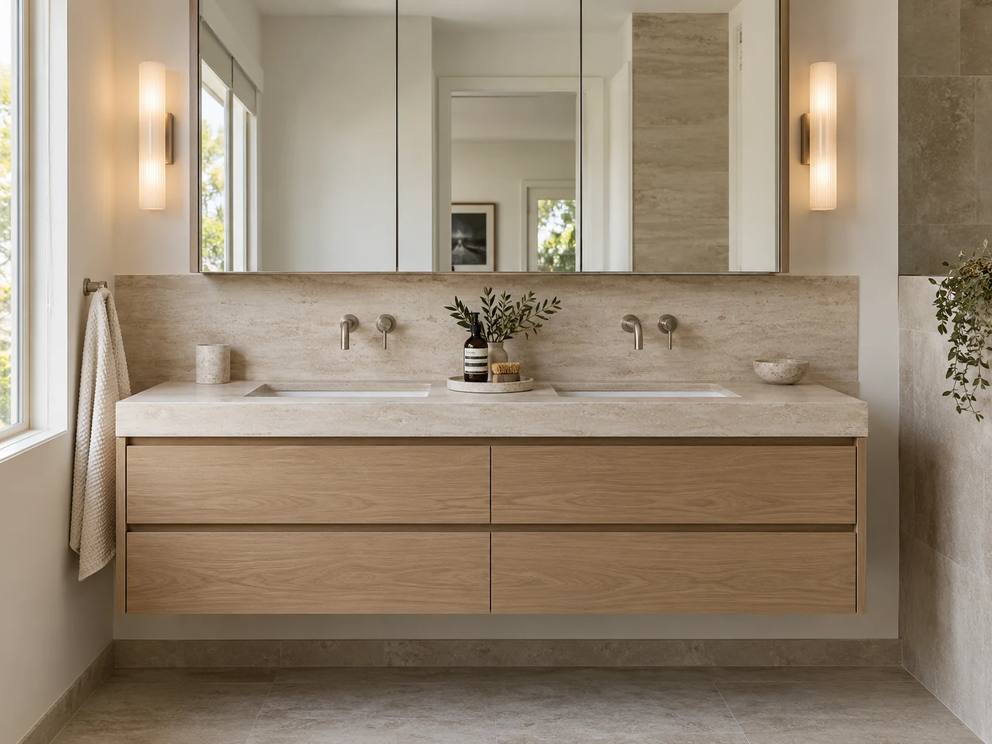 Floating natural oak double vanity with a pale stone benchtop