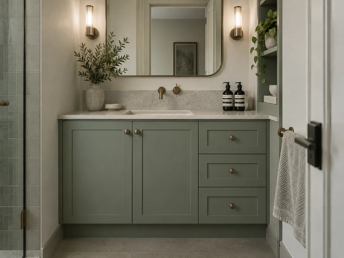 Sage green shaker vanity with brass knobs and a rounded mirror